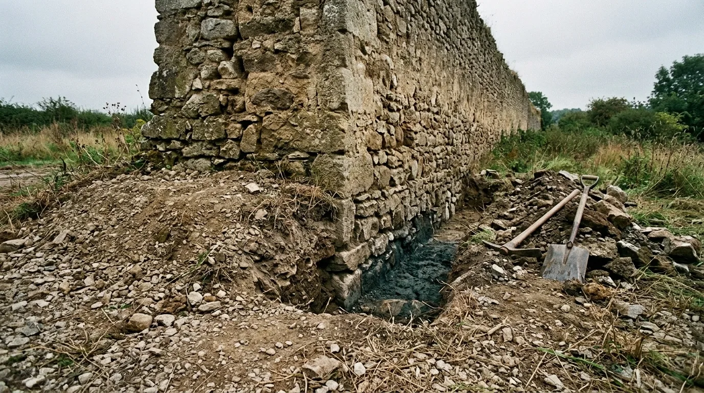 Pied de mur extérieur enterré sous un remblai de terre