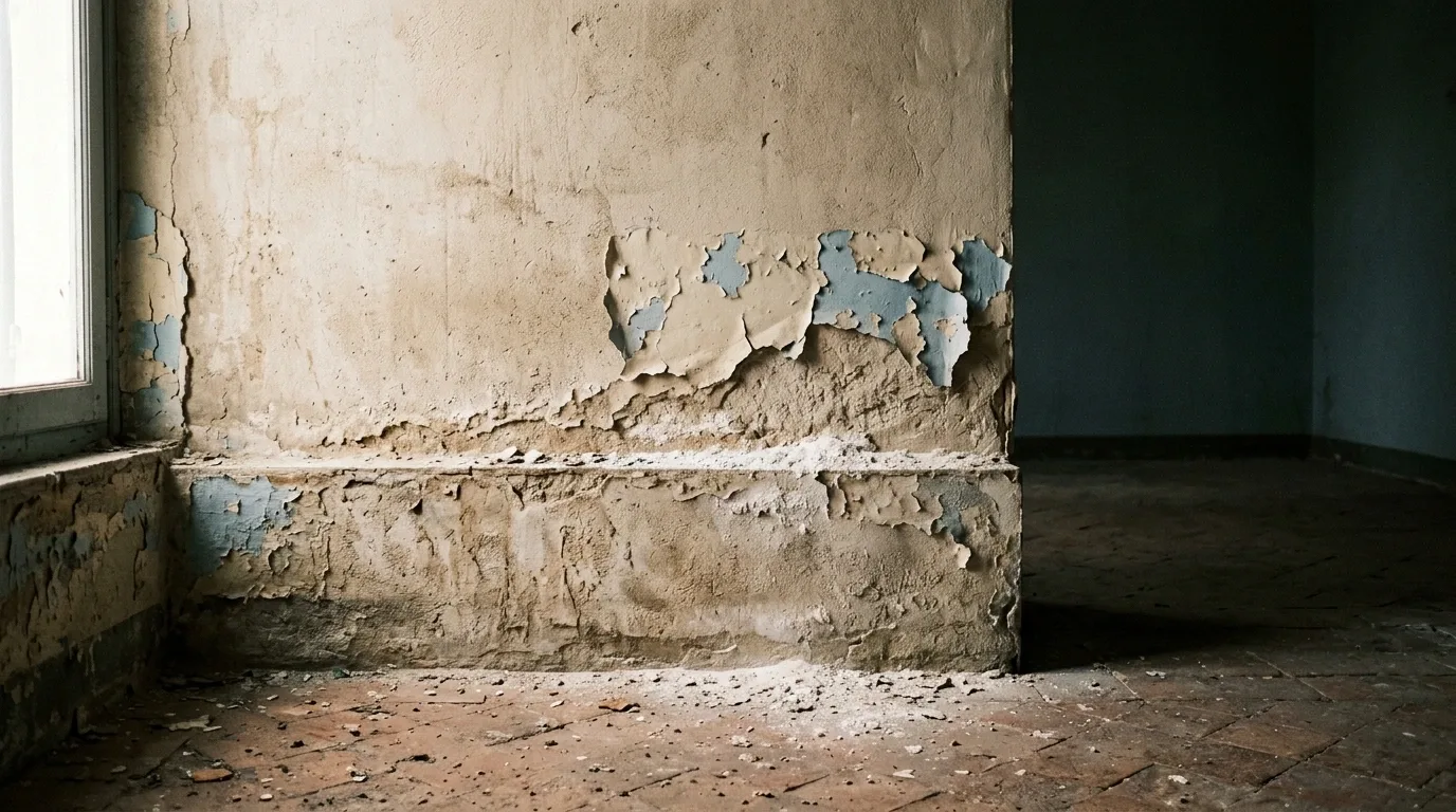 Bas d’un mur ancien marqué par une ligne d’humidité
