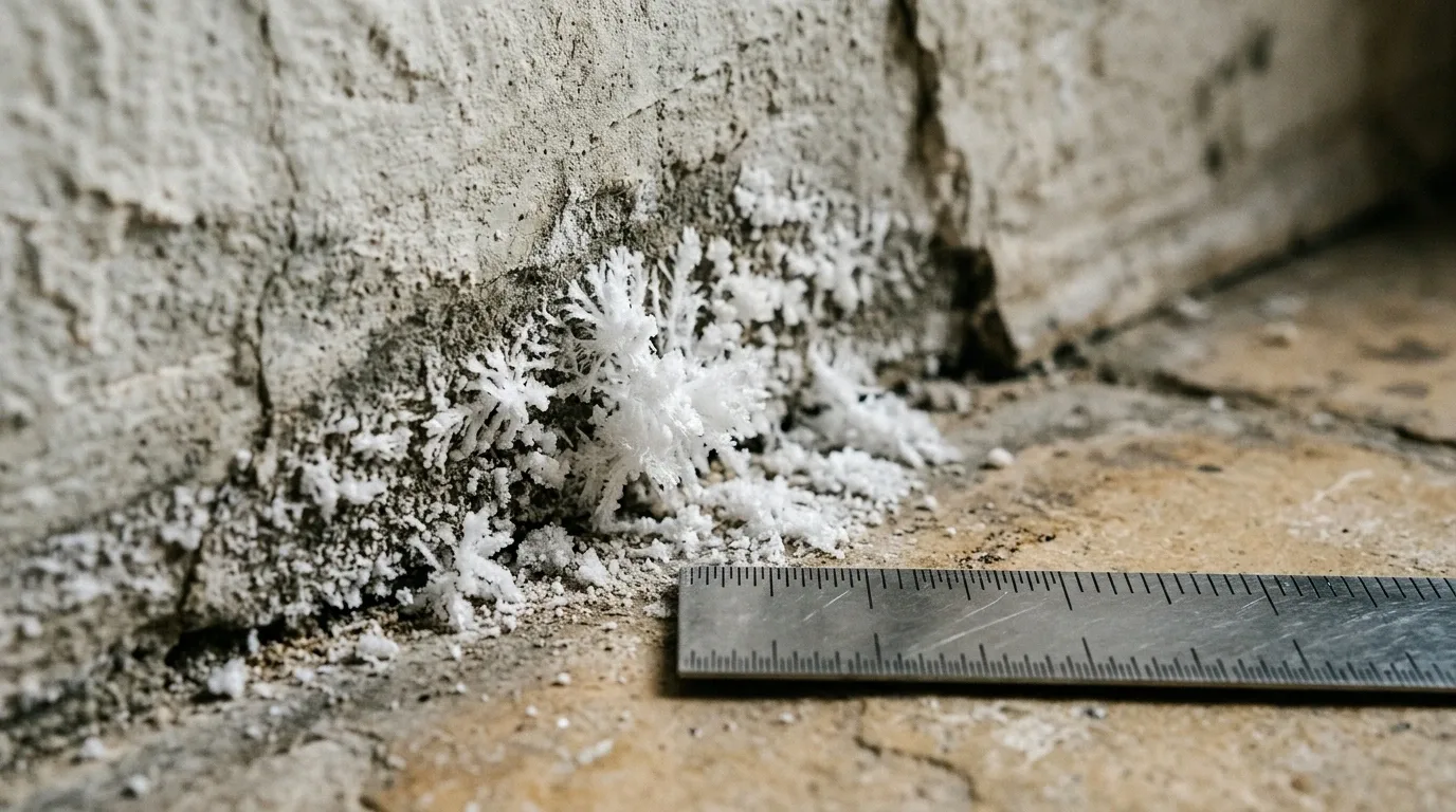 Efflorescences de sels minéraux au pied d’un mur ancien