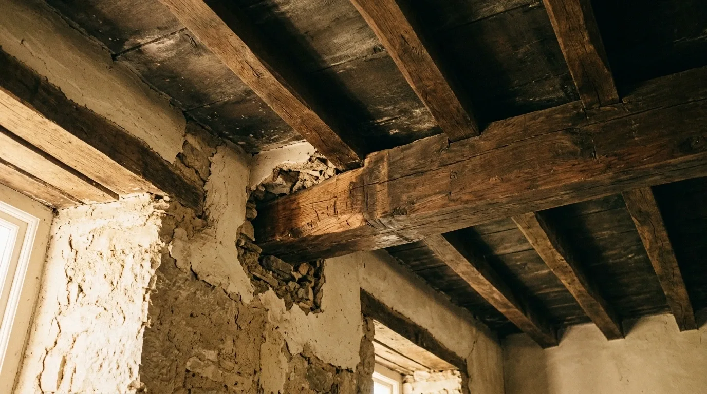 Poutres anciennes et leurs appuis dans le mur d’une maison ancienne