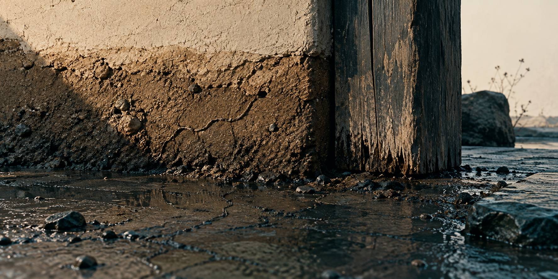 Gros plan sur un bois de seuil en contact avec un sol humide et des traces de terre