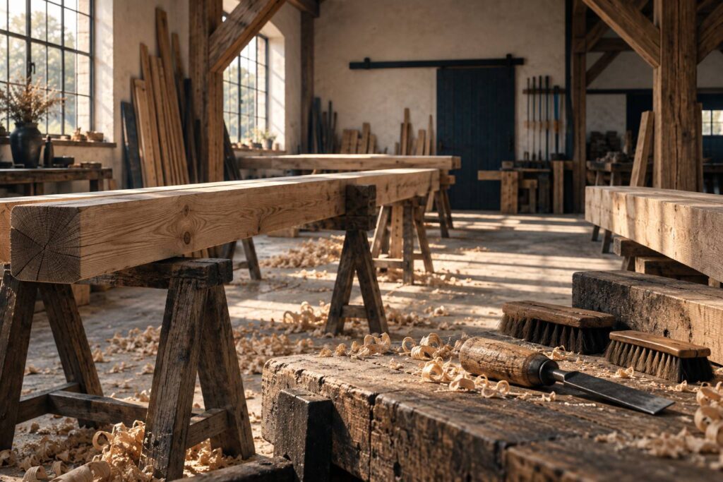 Pièces de charpente en bois mises à nu sur des tréteaux
