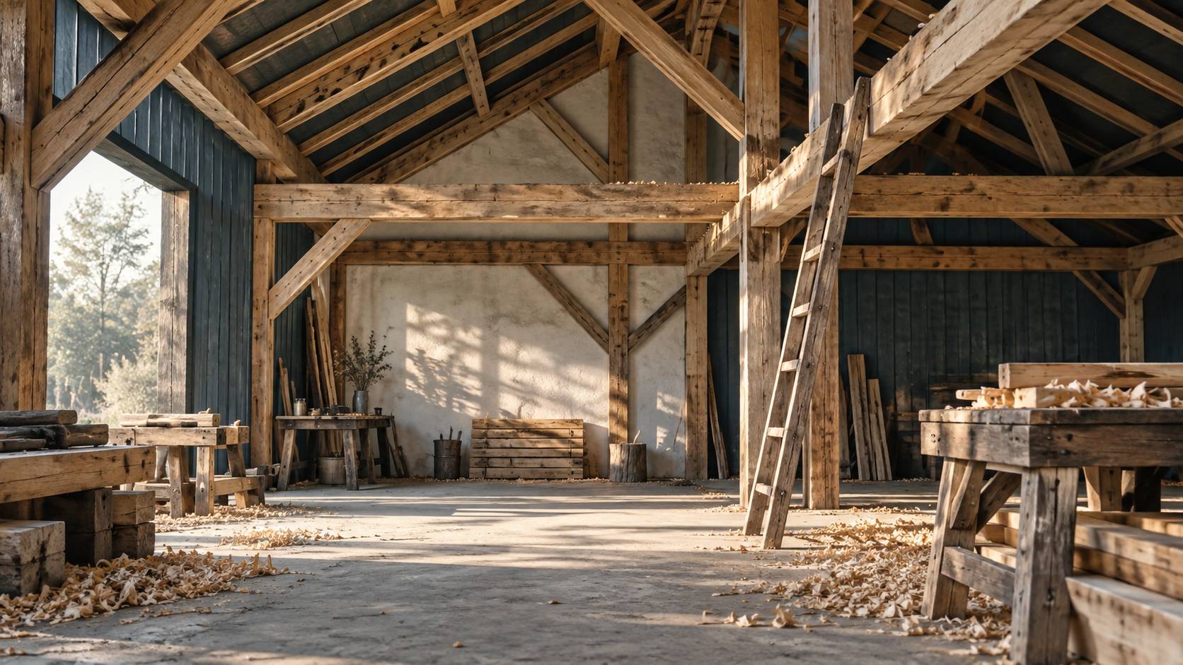 Charpente apparente en bois brut dans un atelier