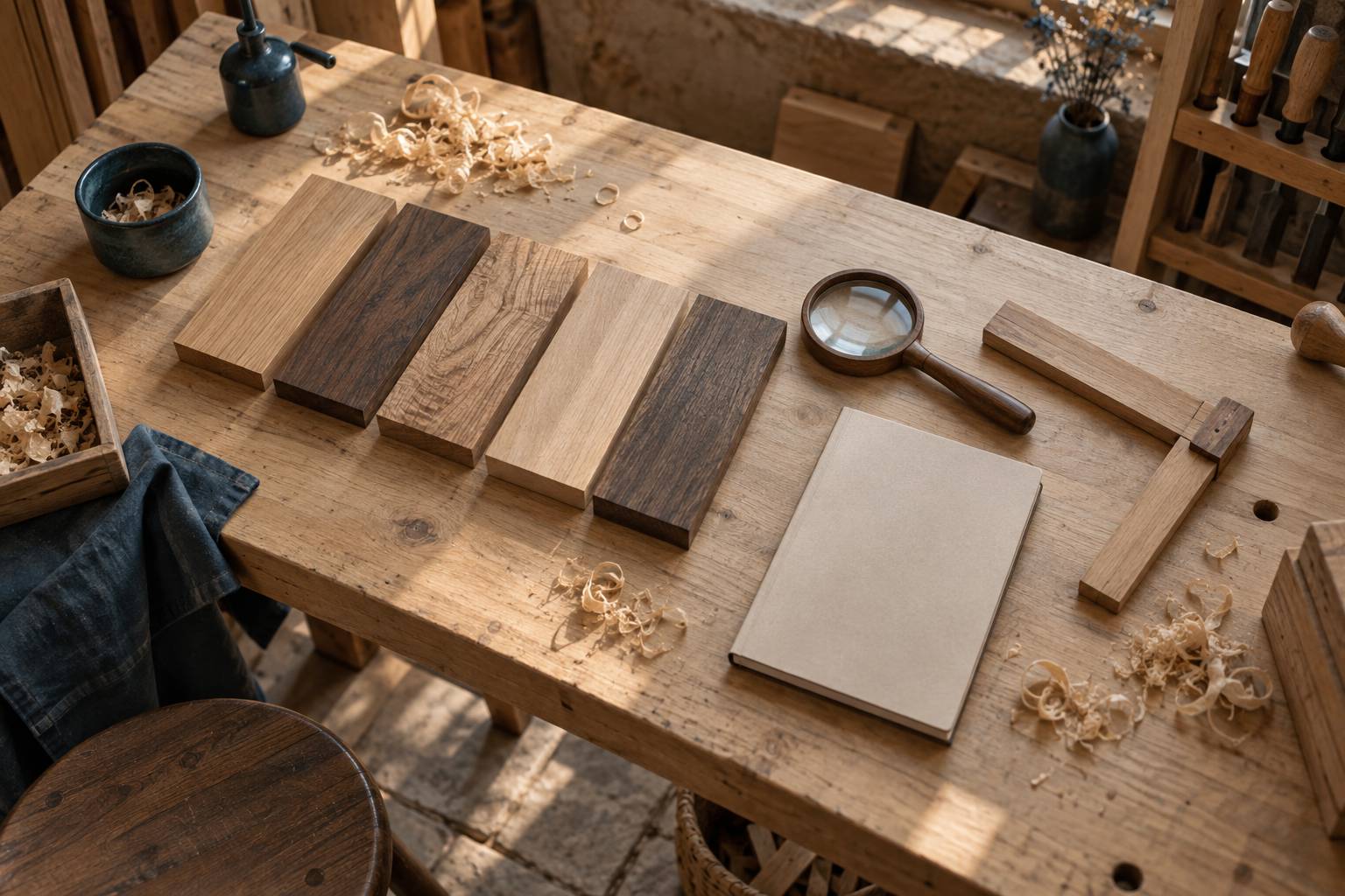 Echantillons de bois traites et outils de controle sur un etabli