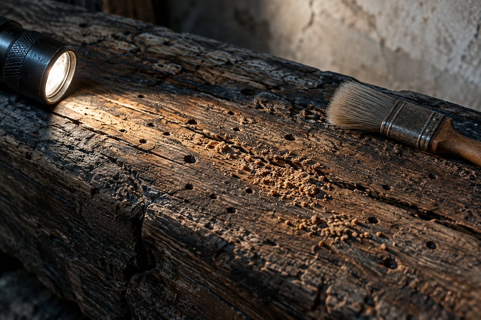 Détail de trous ronds et de vermoulure de vrillette sur une poutre en bois