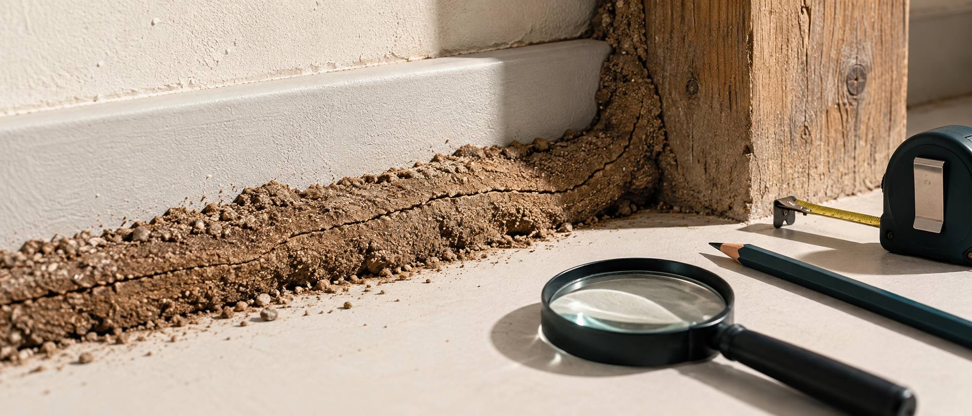 Détail d'un tunnel de terre de termites avec une loupe et un mètre