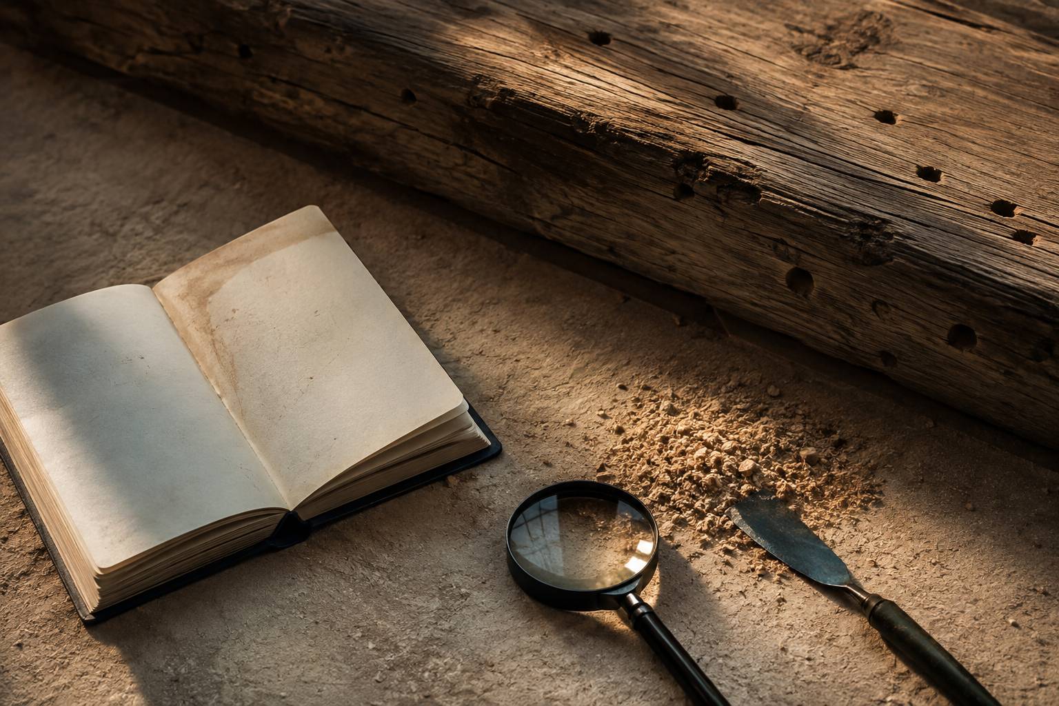 Loupe et sciure fine de vermoulure sur bois vieilli pour expertise