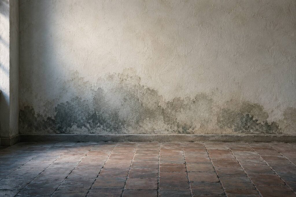 Mur en enduit clair avec une aureole d'humidite revelee par une lumiere rasante