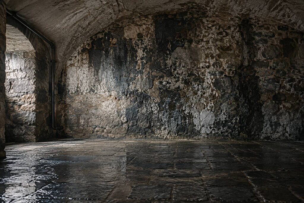 Cave en terre battue avec traces d'humidite remontant sur un mur de pierre