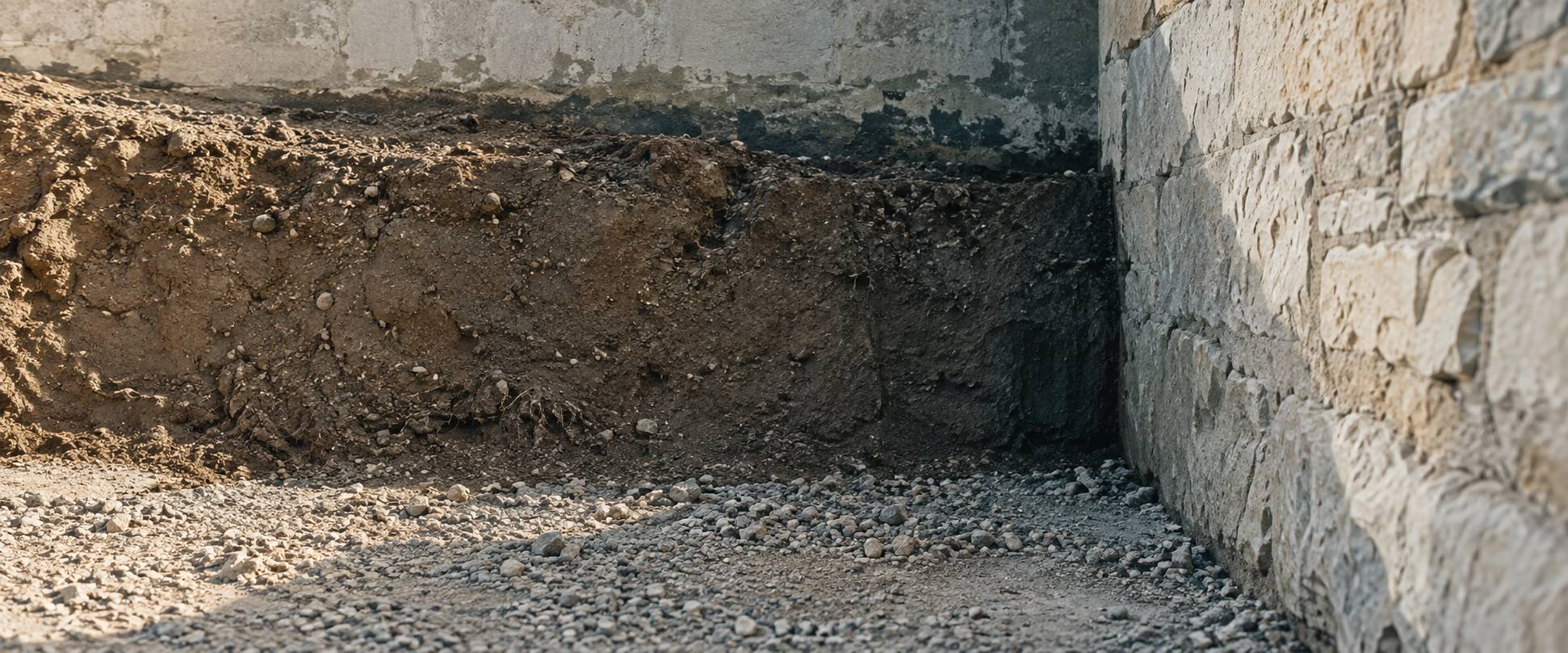 Base d'un mur enterre avec remblai de terre et traces d'humidite