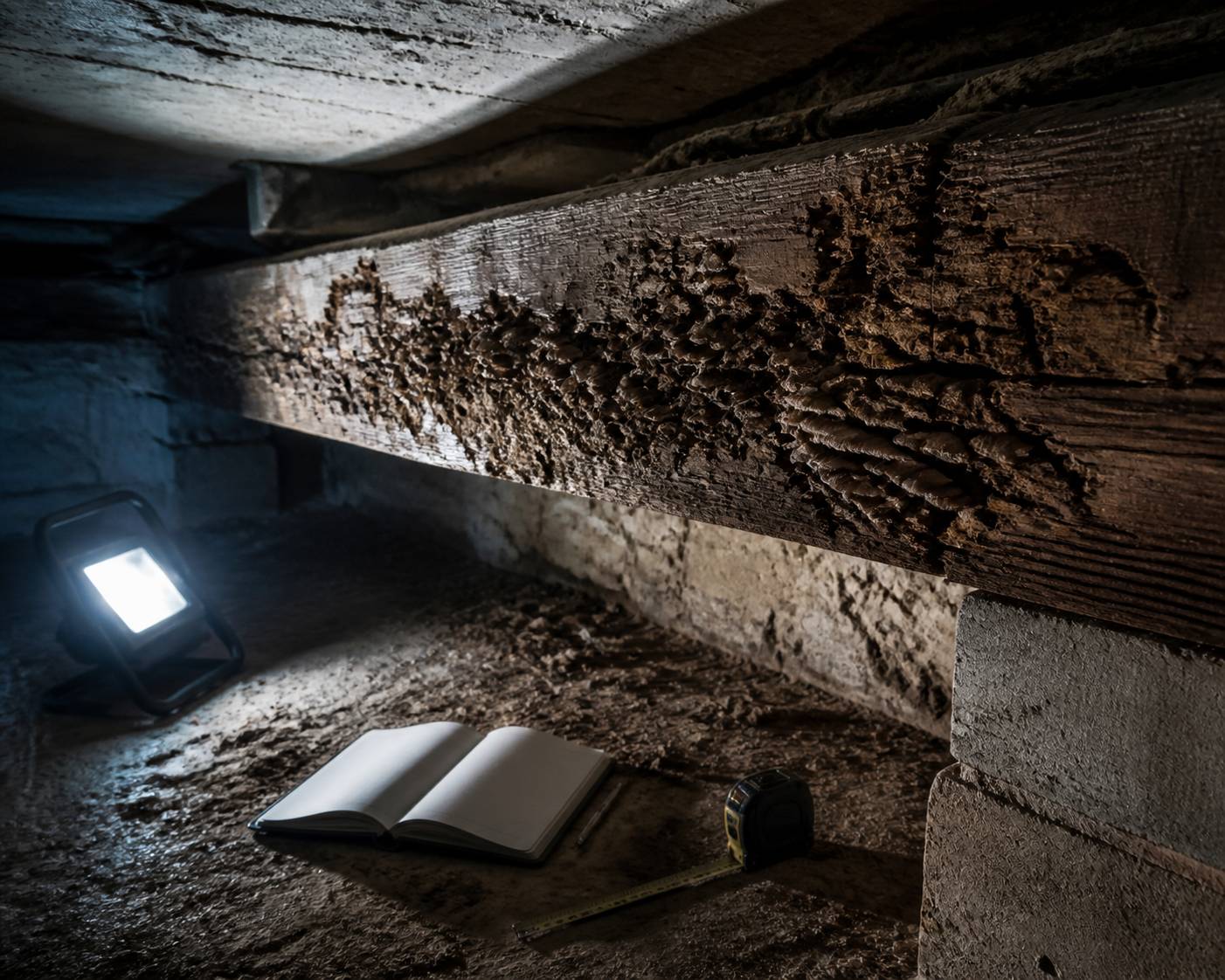 Poutre attaquée par le coniophore avec lampe de chantier