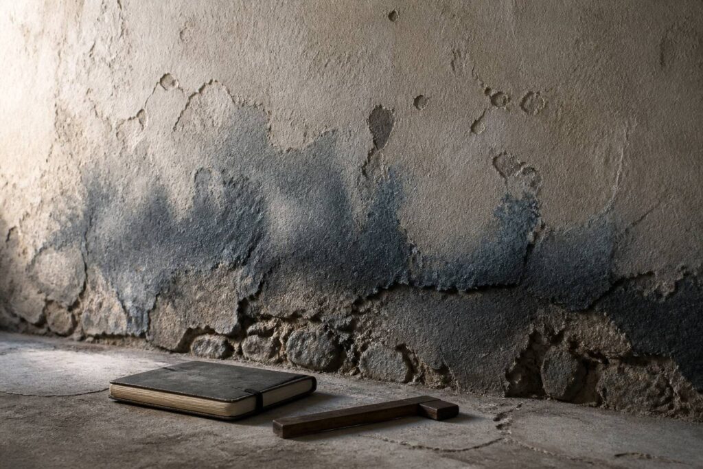 Bande d'humidité remontant sur un mur ancien en pierre