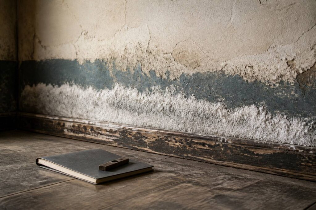 Bande de salpêtre au bas d'un mur ancien avec dépôts blancs poudreux et plinthe écaillée