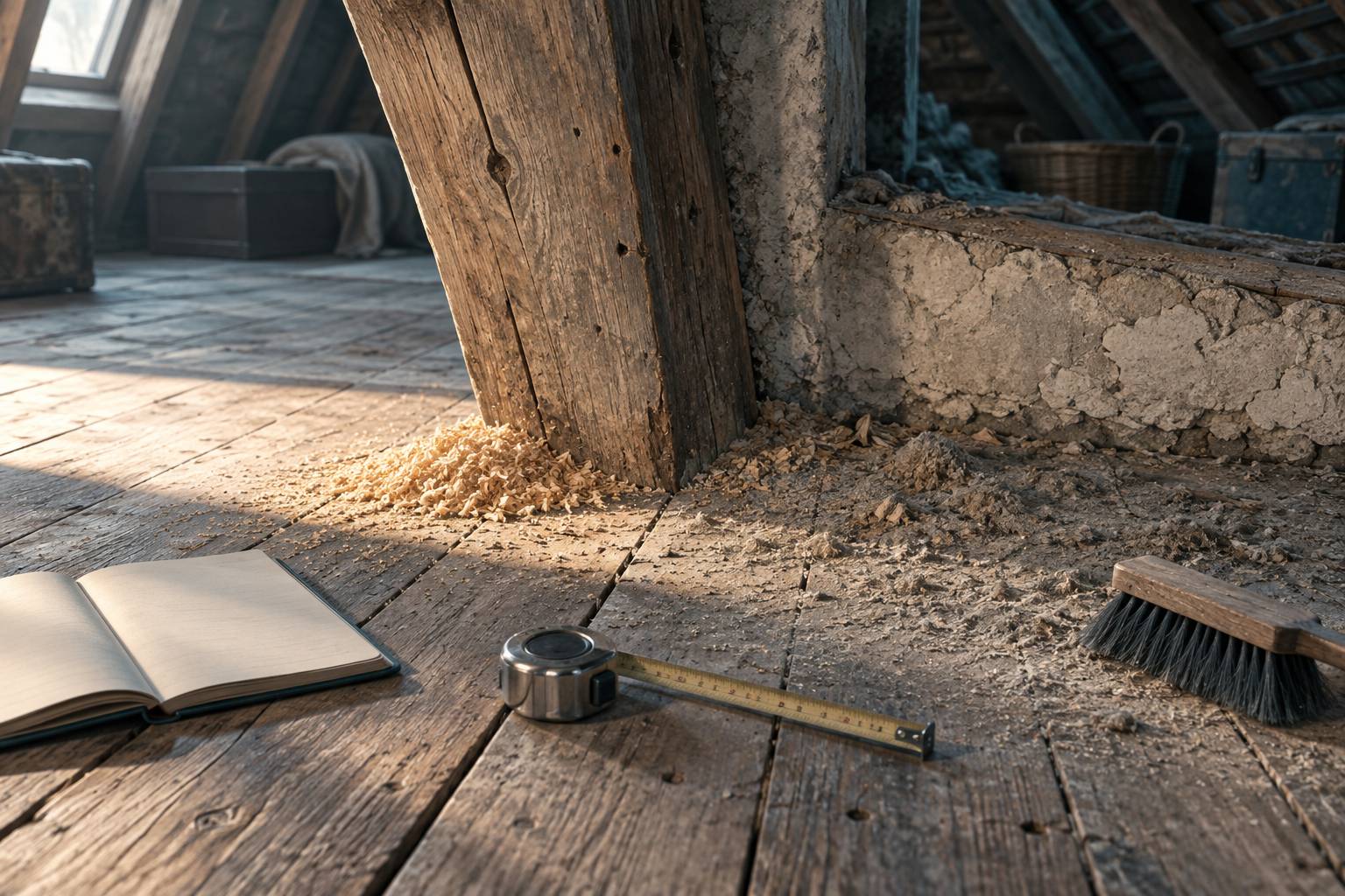 Illustration éditoriale du sujet : Sciure de bois au sol : attaque active ou trace ancienne ?