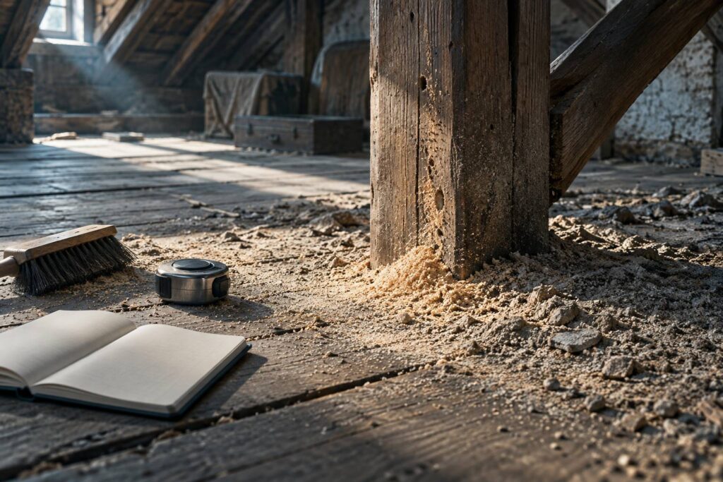 Illustration éditoriale du sujet : Sciure de bois au sol : attaque active ou trace ancienne ?