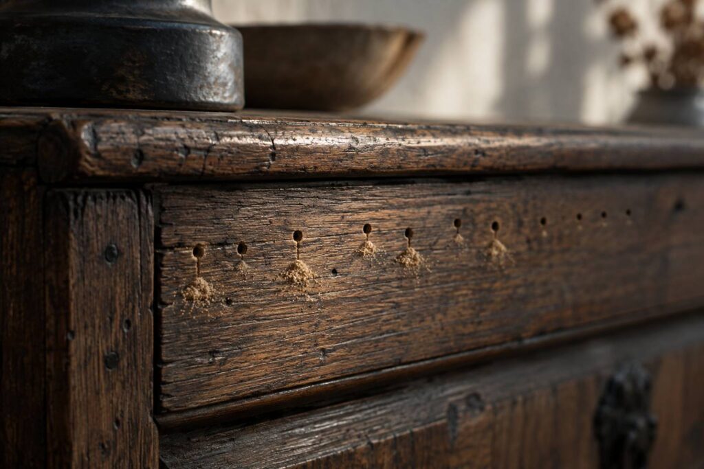 Petits trous ronds de vrillette dans un meuble en bois ancien avec fine poudre claire