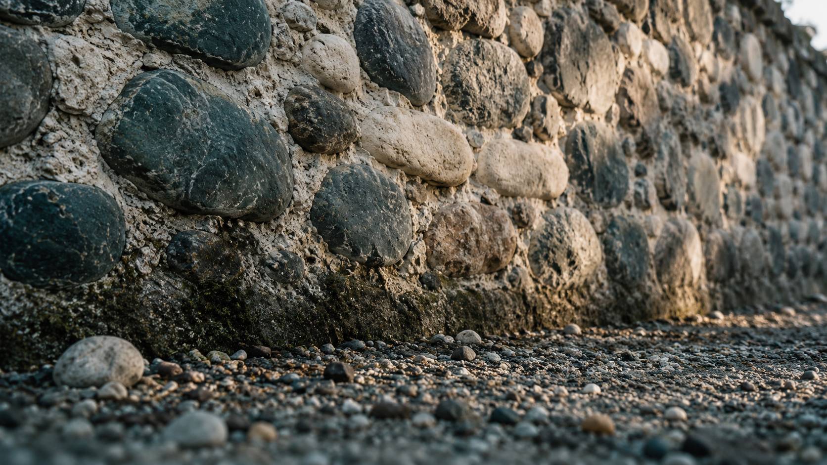 Base d'un mur ancien en galets roules avec traces d'humidite au pied