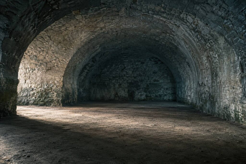 Cave voûtée en pierre humide avec lumière rase