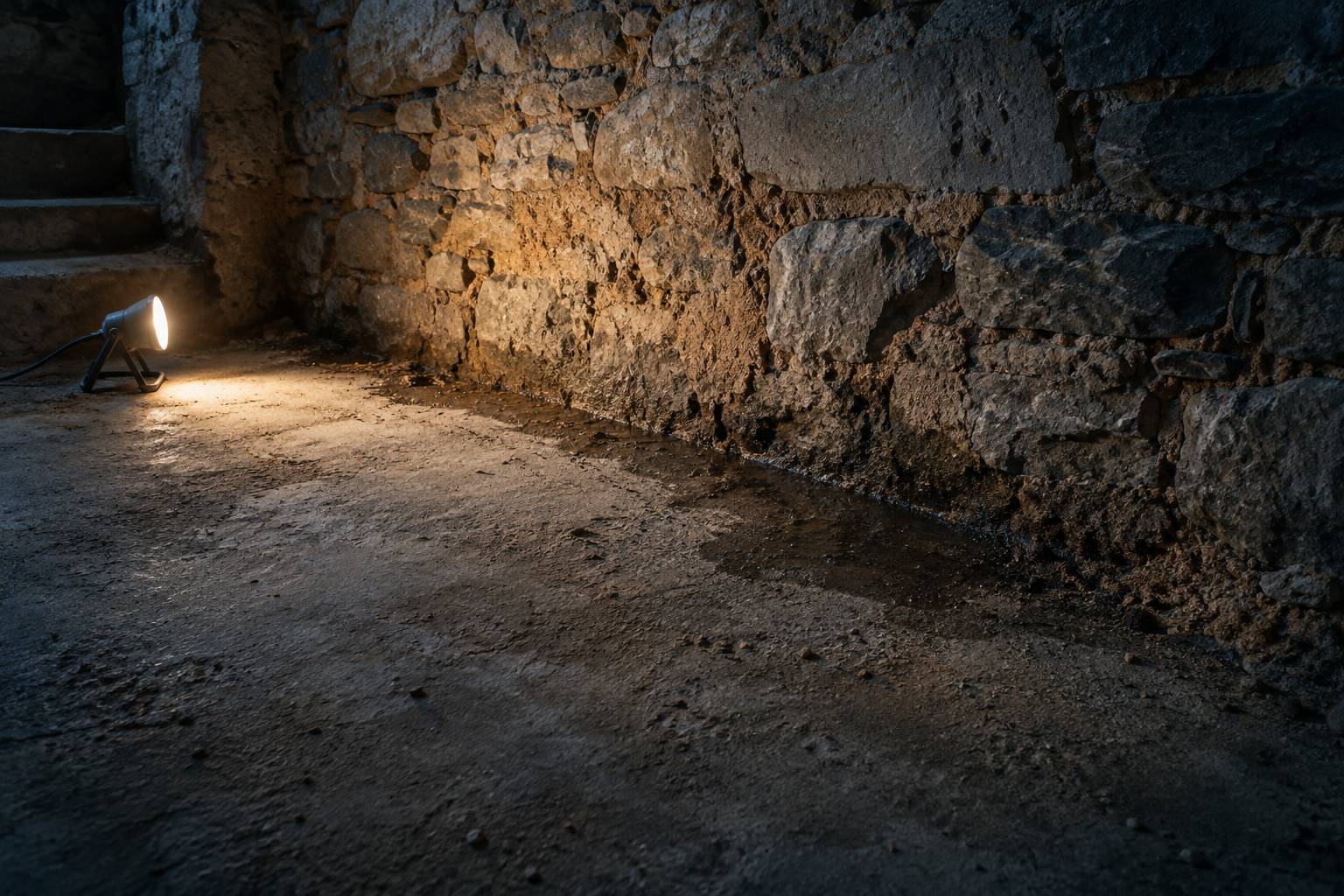 Mur de cave en pierre et humidité au sol
