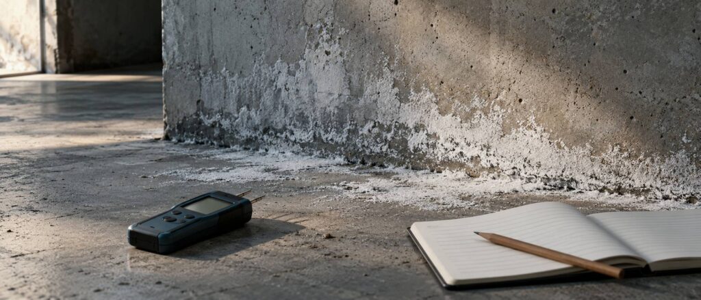 Dalle béton avec efflorescence blanche et humidimètre posé au pied du mur