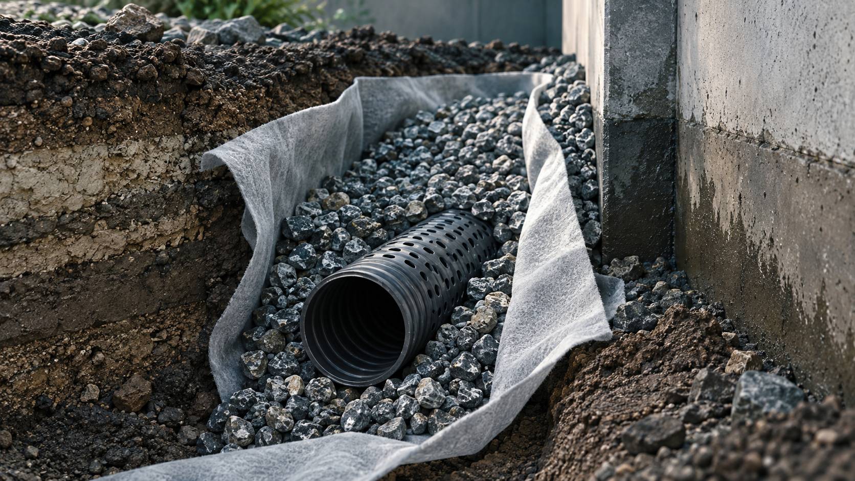Drain perfore entoure de graviers dans une tranche de drainage