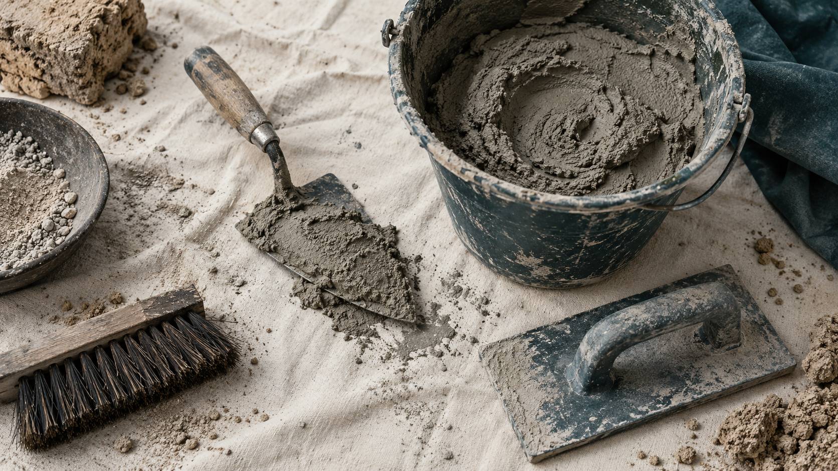 Truelle, seau de mortier et taloche sur une bache