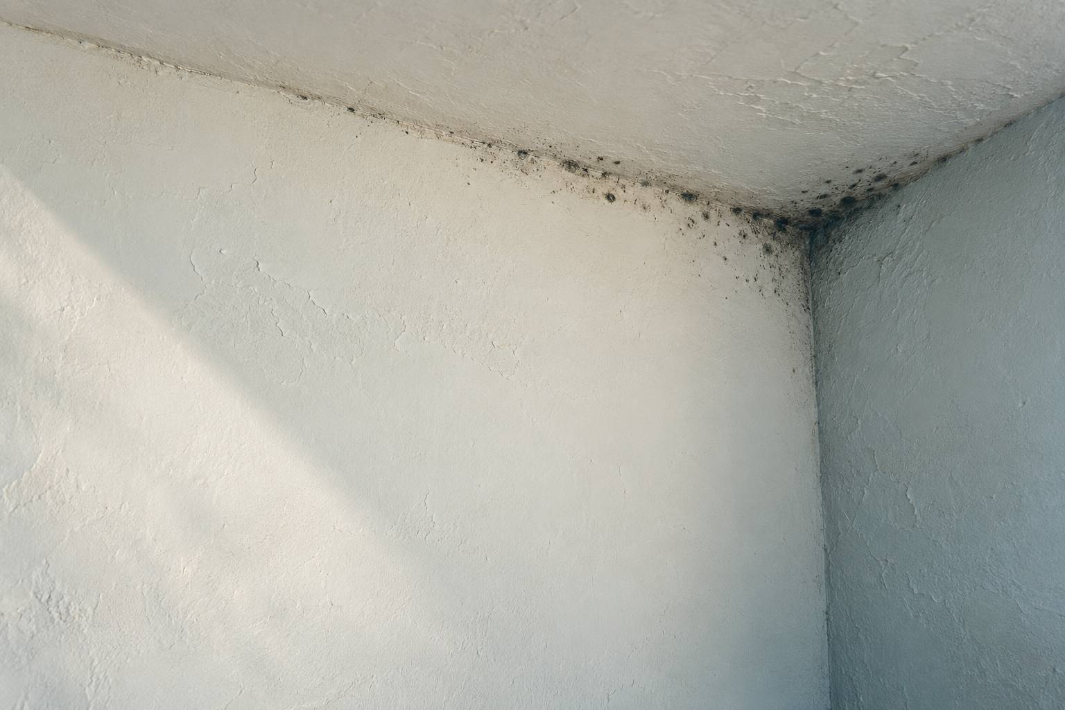 Moisissure noire localisée dans l'angle mur-plafond d'une pièce