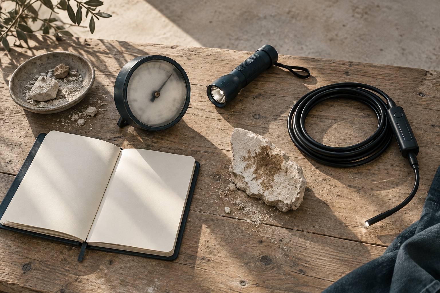 Hygrometre, lampe torche et endoscope poses sur une planche en bois