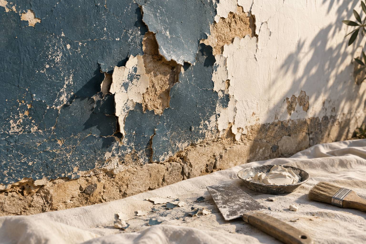 Eclats de peinture souleves et outils de rebouchage poses sur une bache